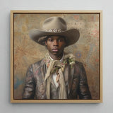 Lysander - Gay Black Dandy Cowboy Art Print / Canvas Framed Portrait Man Beige Hat Decorative Band, Elegant Afroamerican Outlaw’s, Spirit’s