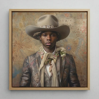 Lysander - Gay Black Dandy Cowboy Art Print / Canvas Framed Portrait Man Beige Hat Decorative Band, Elegant Afroamerican Outlaw’s, Spirit’s