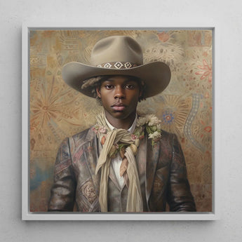 Lysander - Gay Black Dandy Cowboy Art Print / Canvas Framed Portrait Man Beige Hat Diamond-patterned Band, Elegant Afroamerican Outlaw’s,