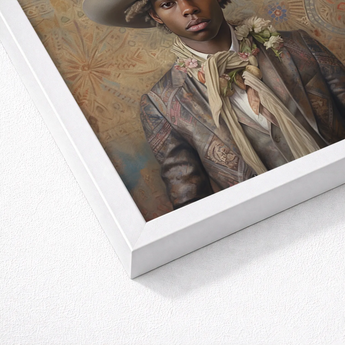 Framed Portrait Man Vintage Attire Intricate Patterns Soft Dandy Gay Cowboy, Elegant Afroamerican Outlaw’s, Spirit’s Queer