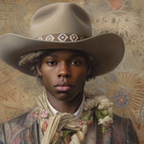 Lysander - Gay Black Dandy Cowboy Art Print / Canvas Cowboy Hat Brown Band Floral Pattern Dandy Gay Cowboy, Elegant Afroamerican Outlaw’s,