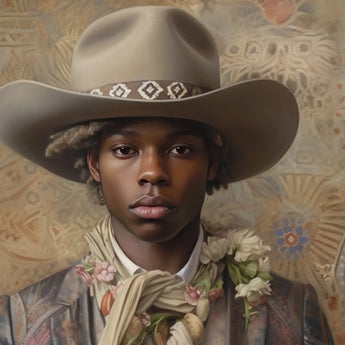 Lysander - Gay Black Dandy Cowboy Art Print / Canvas Cowboy Hat Brown Band Floral Pattern Dandy Gay Cowboy, Elegant Afroamerican Outlaw’s,