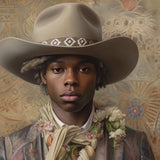Lysander - Gay Black Dandy Cowboy Art Print / Canvas Hat Brown Band Floral Pattern, Elegant Afroamerican Outlaw’s, Spirit’s Queer Prints