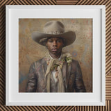 Lysander - Gay Black Dandy Cowboy Art Print / Canvas Hat Patterned Band Floral Decoration Brown Leather, Elegant Afroamerican Outlaw’s,