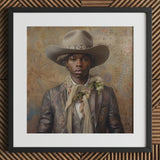 Lysander - Gay Black Dandy Cowboy Art Print / Canvas Hat Patterned Band Scarf Brown Leather Jacket, Elegant Afroamerican Outlaw’s, Spirit’s