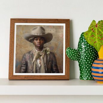 Lysander - Gay Black Dandy Cowboy Art Print / Canvas Square-framed Portrait Man Beige Hat Patterned Jacket, Elegant Afroamerican Outlaw’s,