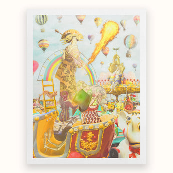Madame Firefly - Surreal Pop Art Geisha Print, Surreal Colorful Collage Hot Air Balloons Rainbow Carnival