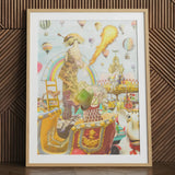 Madame Firefly - Surreal Pop Art Geisha Print Vibrant Framed Artwork Whimsical Scene Hot Air Balloons Madame Firefly, Behold Operatic