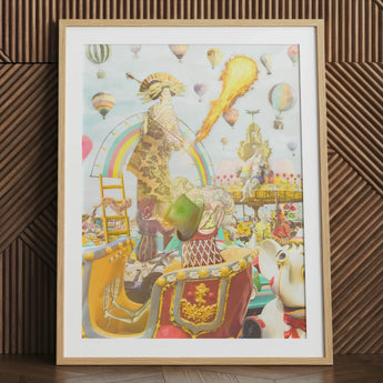 Madame Firefly - Surreal Pop Art Geisha Print Vibrant Framed Artwork Whimsical Scene Hot Air Balloons, Behold, Operatic Grandeur Ignites