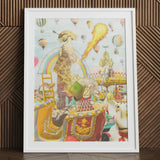 Madame Firefly - Surreal Pop Art Geisha Print Vibrant Framed Artwork Whimsical Scene Hot Air Balloons, Behold, Operatic Grandeur Ignites