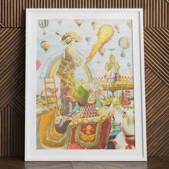 Madame Firefly - Surreal Pop Art Geisha Print Vibrant Framed Artwork Whimsical Scene Hot Air Balloons, Behold, Operatic Grandeur Ignites