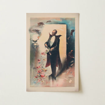 Vintage-style Illustrated Poster Classic Vampire Character Formal Attire Magician Pulling Roses, Supernatural Beings, Vintage Magic, Left