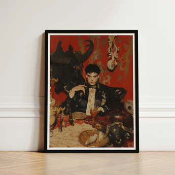 Black-framed Art Print Stylized Portrait Man Ornate Dark Gay Vampire Prince, Vampiric Embodiment, Queer Aristocracy