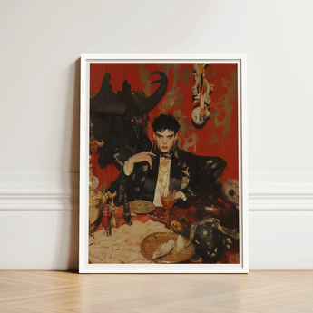 Framed Artwork Stylized Portrait Man Ornate Black Gold Gay Vampire Prince, Vampiric Embodiment, Queer Aristocracy