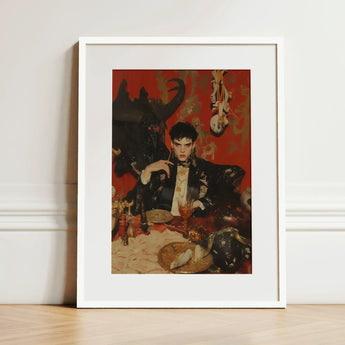 Magnus - Gay Vampire Prince Art Print / Canvas White-framed Stylized Portrait Man Ornate Black, Vampiric Embodiment, Queer Aristocracy