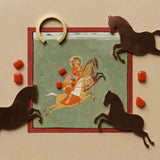 Maharana Ari Singh of Mewar Riding with a Companion Art Print / Canvas Framed Mughal-style Painting Red Border Figures Orange Gold, Flat