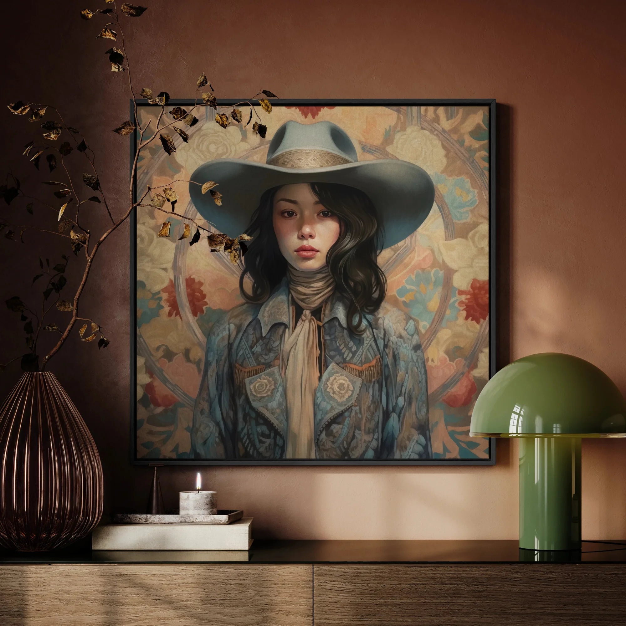 Mahsuri - Japanese Lesbian Cowgirl Framed Canvas, Framed Portrait Painting Young Woman Wide-brimmed Hat Denim
