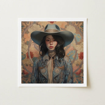 Mahsuri - Lesbian Japanese Cowgirl Art Print / Canvas Square-framed Artwork Woman Wide-brimmed Gray Cowboy Hat Detailed Elegant Outlaw