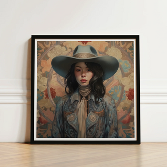 Framed Digital Artwork Woman Wide-brimmed Hat Patterned Jacket Elegant Outlaw Reminding, Cowgirl Spirit’s Queer, Japanese Art