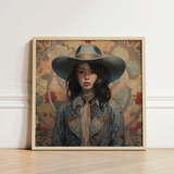 Square-framed Digital Artwork Woman Wide-brimmed Hat Embroidered Jacket Elegant Outlaw Reminding, Cowgirl Spirit’s Queer, Japanese Art