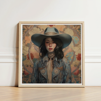 Framed Artwork Woman Wide-brimmed Hat Denim Jacket Set Elegant Outlaw Reminding, Cowgirl Spirit’s Queer, Japanese Art