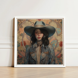 Framed Artwork Woman Wide-brimmed Hat Denim Jacket Set Elegant Outlaw Reminding, Cowgirl Spirit’s Queer, Japanese Art