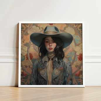 Framed Digital Artwork Woman Wide-brimmed Gray Hat Detailed Elegant Outlaw Reminding, Cowgirl Spirit’s Queer, Japanese Art