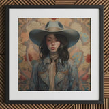 Mahsuri - Lesbian Japanese Cowgirl Art Print / Canvas Blue Denim Jacket Wide-brimmed Hat Badge Design Elegant Outlaw Reminding, Spirit’s
