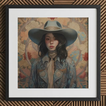 Mahsuri - Lesbian Japanese Cowgirl Art Print / Canvas Blue Denim Jacket Wide-brimmed Hat Badge Design Elegant Outlaw Reminding, Spirit’s