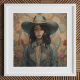 Mahsuri - Lesbian Japanese Cowgirl Art Print / Canvas Blue Denim Jacket Wide-brimmed Hat Badge Framed Artwork Elegant Outlaw Reminding,