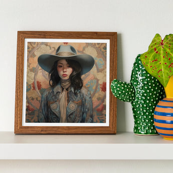 Mahsuri - Lesbian Japanese Cowgirl Art Print / Canvas Framed Artwork Figure Wide-brimmed Hat Necktie Muted Floral Elegant Outlaw Reminding,