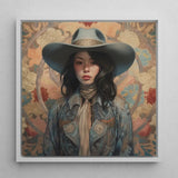 Mahsuri - Lesbian Japanese Cowgirl Art Print / Canvas Framed Artwork Woman Wide-brimmed Hat Patterned Jacket Floral Elegant Outlaw