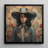 Mahsuri - Lesbian Japanese Cowgirl Art Print / Canvas Framed Artwork Woman Wide-brimmed Hat Patterned Jacket Floral Elegant Outlaw