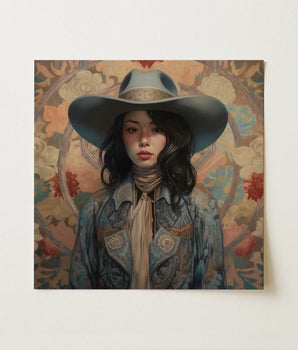 Square Canvas Print Woman Wide-brimmed Blue Hat Patterned Elegant Outlaw Reminding, Cowgirl Spirit’s Queer, Japanese Art