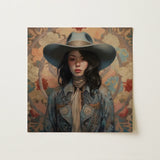 Mahsuri - Lesbian Japanese Cowgirl Art Print / Canvas Square Woman Wide-brimmed Blue Hat Patterned Elegant Outlaw Reminding, Spirit’s