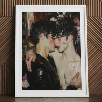Makeup - Tirage d’art de couple masculin gay néobaroque / Toile, 24x32’’ / 61x81cm / Cadre blanc / Passe-partout, œuvre visuelle, Toby Leon