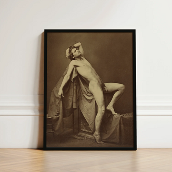 Male Figure in Repose - Gaudenzio Marconi Fine Art Print / Canvas Black-framed Sepia-toned Portrait Nude Draped Fabric, Thigh Curves,