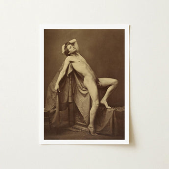 Male Figure in Repose - Gaudenzio Marconi Fine Art Print / Canvas Sepia-toned Photographic Nude Posed Draped, Thigh Curves, Sunlit Ruin