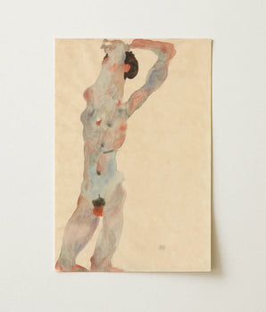Soft Beige Rectangular Art Print Stylized Nude Figure Egon Schiele, Male, Pins, Arms Raised Arm