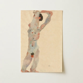 Soft Beige Rectangular Art Print Stylized Nude Figure Egon Schiele, Male, Pins, Arms Raised Arm