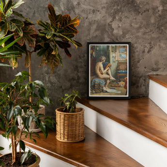 Male Nude with Accordion - Julien Renevier Art Print / Canvas Framed Artwork Figure Window Sits Wooden Stairs Among Renevier’s, Gay, Prints