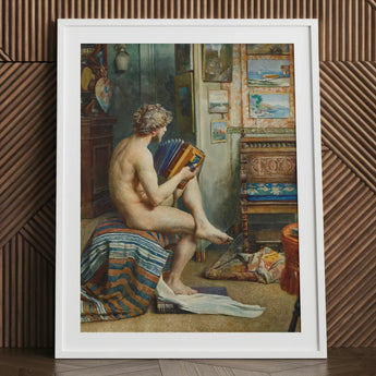 Male Nude with Accordion - Julien Renevier Art Print / Canvas White-framed Classical Painting Man Seated Renevier’s, Gay, Prints