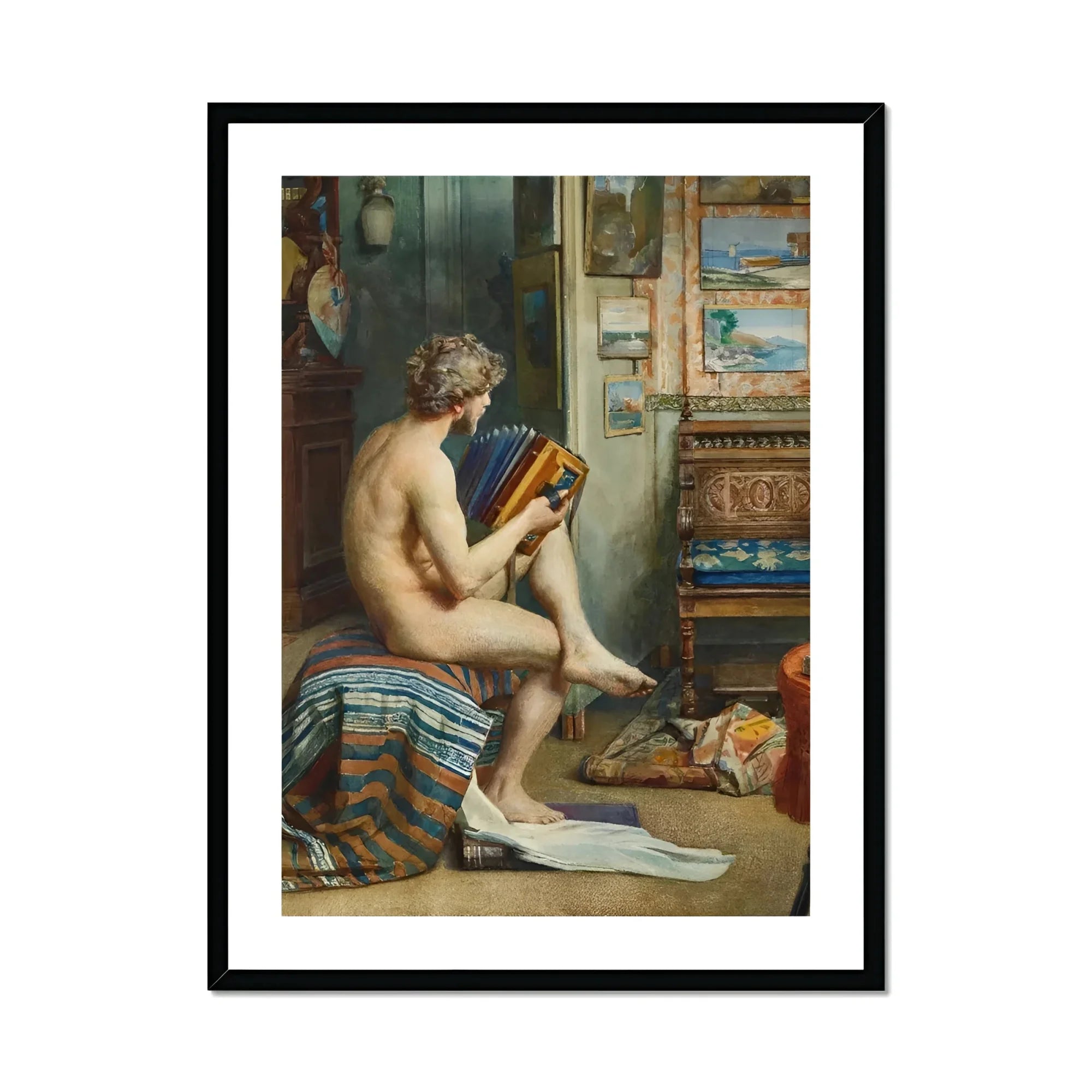 Male Nude with Accordion - Julien Renevier Art Print, Classical Nude Figure Book Seated Draped Fabric