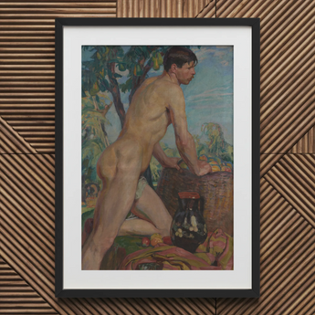 Männlicher Akt vor dem Hintergrund eines Obstgartens - Weiss Wojciech Kunstdruck / Leinwand, 20x30’’ / 51x76cm / Schwarzer Rahmen / Passepartout, Poster, Drucke &