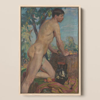 Male Nude Against Background of Orchard - Weiss Wojciech Art Print / Canvas, 12x18’’ / 31x46cm / Natural Frame, Posters Prints & Visual
