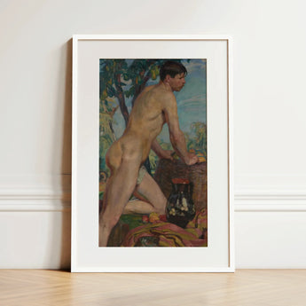 Male Nude Against Background of Orchard - Weiss Wojciech Art Print / Canvas, 12x18’’ / 31x46cm / White Frame / Matboard, Posters Prints &