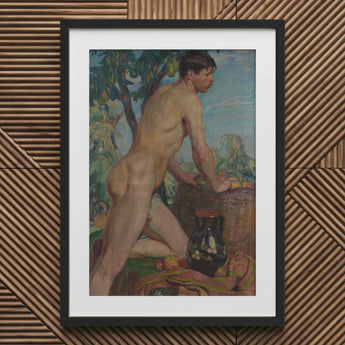 Male Nude Against Background of Orchard - Weiss Wojciech Art Print / Canvas Black Framed Figure Painting White Green Stages, Body Ripened