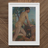 Male Nude Against Background of Orchard - Weiss Wojciech Art Print / Canvas White Framed Figure Painting Green Blue Stages, Body Ripened