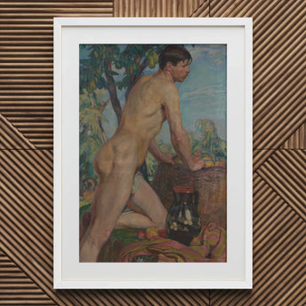Male Nude Against Background of Orchard - Weiss Wojciech Art Print / Canvas White Framed Figure Painting Green Blue Stages, Body Ripened
