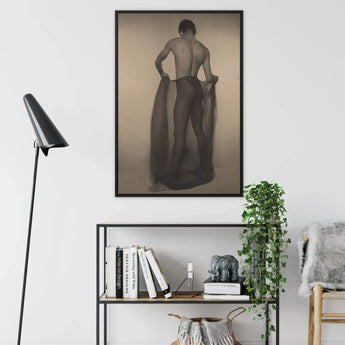 Male Nude Draped in Vetti - Lionel Wendt Queer Art Print / Canvas Black-framed Sepia-toned Artwork Muscular Man Sheer Fabric, Cultural
